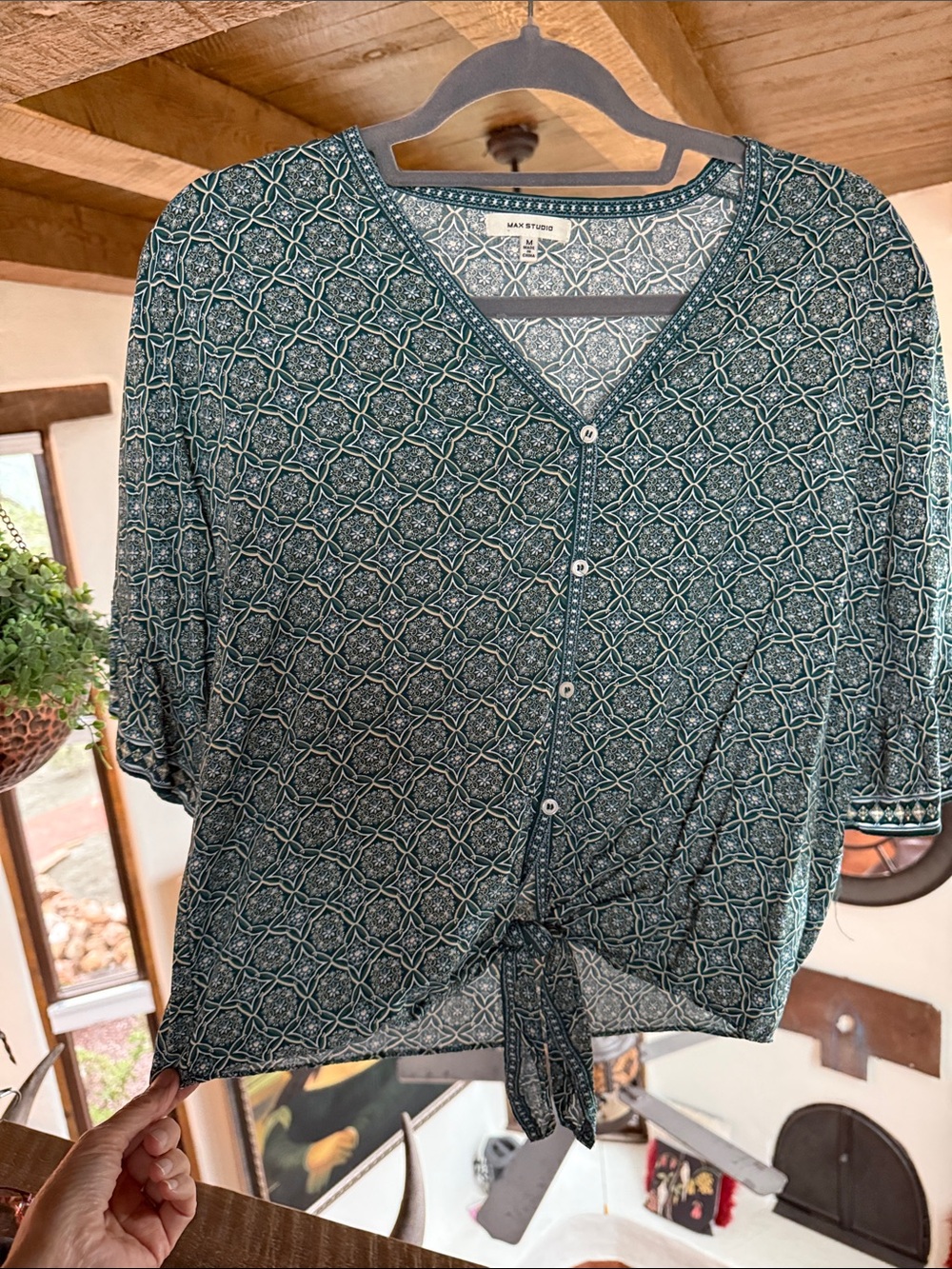 Max Studio Teal Geometric Button-Front Tie Hem Blouse